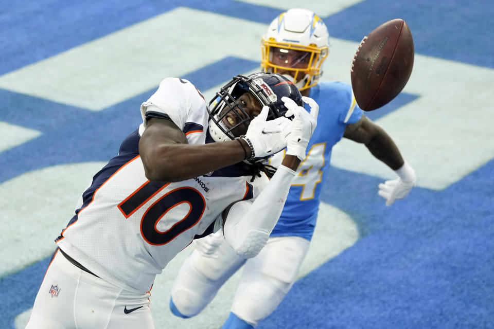 Denver Broncos wide receiver Jerry Jeudy (10) misses a pass in the end zone during the second half of an NFL football game against the Los Angeles Chargers Sunday, Dec. 27, 2020, in Inglewood, Calif. (AP Photo/Ashley Landis)