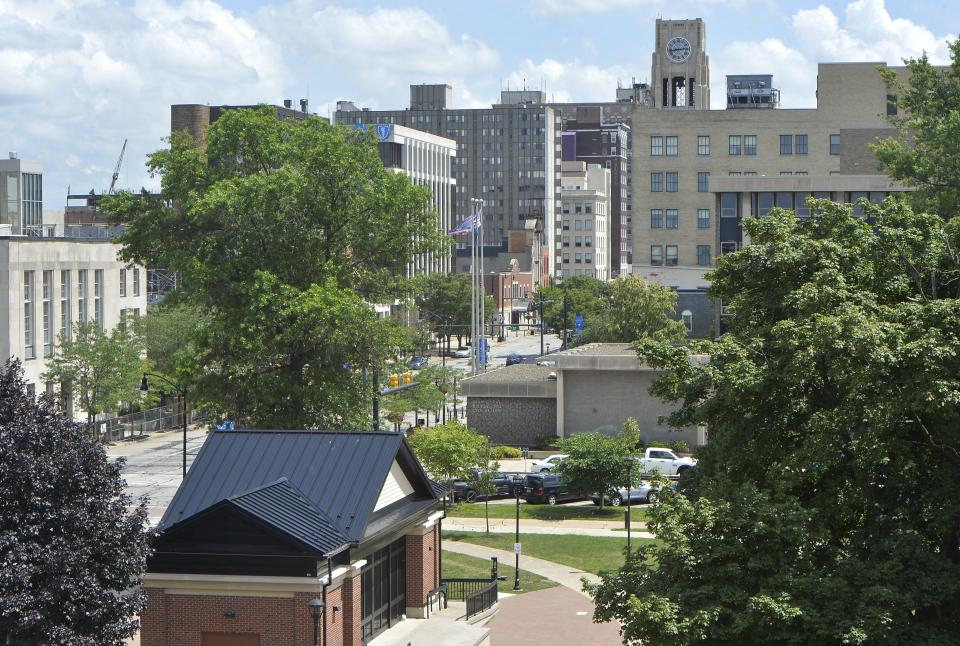 This July 2021 file photo shows the view of Perry Square and State Street, looking south, from new apartments built on the second and third floors of the former Park Place/Sherlock’s building near North Park Row in Erie.