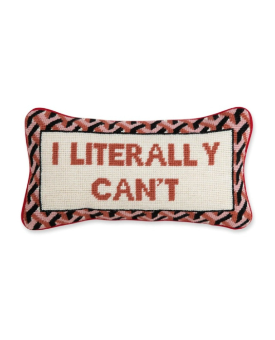 <p><a href="https://shop.harpersbazaar.com/i-literally-can-t-needlepoint-pillow.html" rel="nofollow noopener" target="_blank" data-ylk="slk:Shop Now;elm:context_link;itc:0;sec:content-canvas" class="link ">Shop Now</a></p><p>“I Literally Can’t” Needlepoint Pillow</p><p>$108.00</p><p>shopbazaar.com</p>