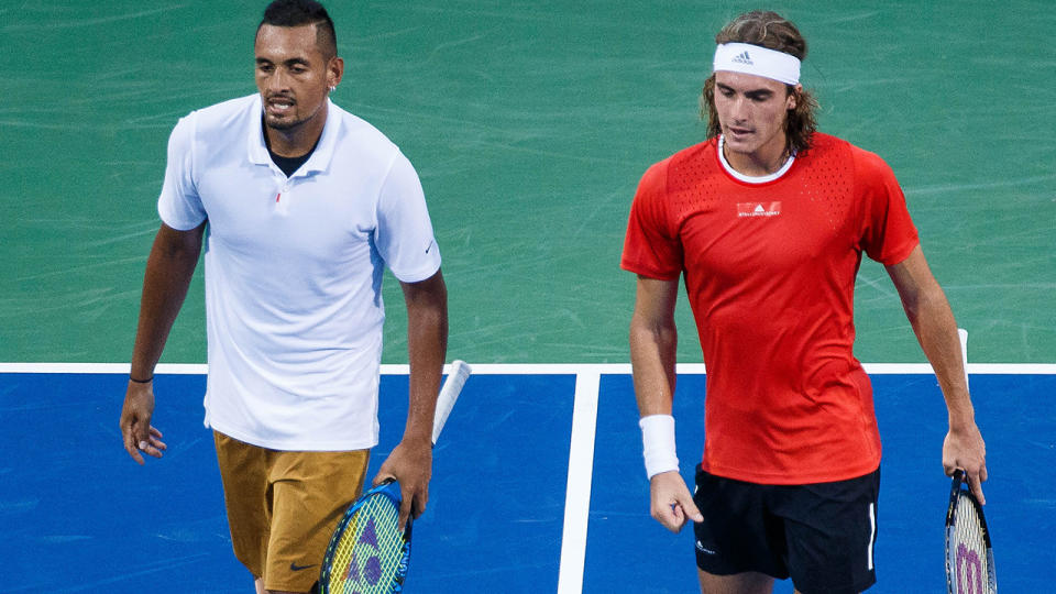 Nick Kyrgios and Stefanos Tsitsipas, pictured here playing doubles together at the Citi Open in 2019.