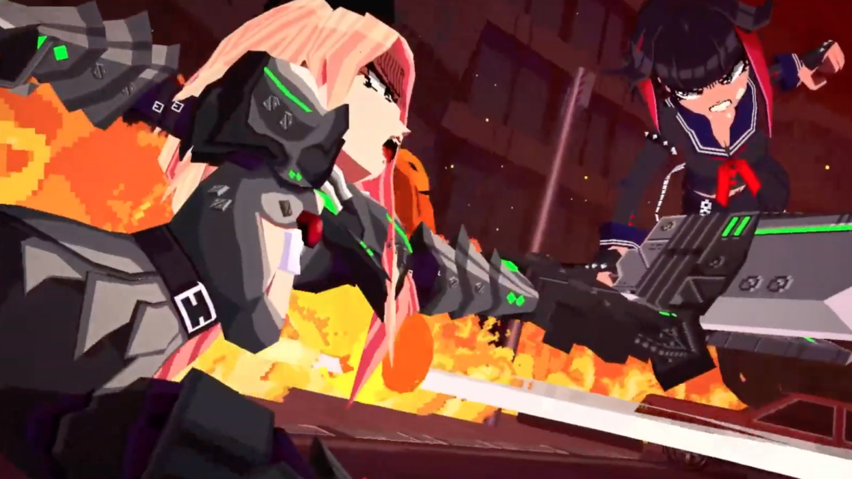  Two fighters lock weapons while a street burns in the background in a screenshot from Abyss X Zero. 