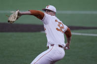 Texas' Ty Madden delivers a pitch against Arizona State in the first inning of Game 4 of the NCAA college baseball regional tournament, Saturday, June 5, 2021, in Austin, Texas. (AP Photo/Eric Gay)