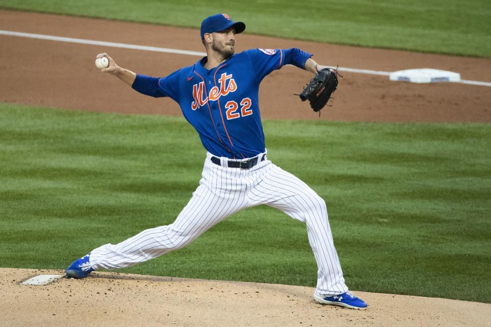 New York Mets' Rick Porcello (22) delivers a pitch during the first inning of a baseball game against the Washington Nationals Tuesday, Aug. 11, 2020, in New York. (AP Photo/Frank Franklin II)