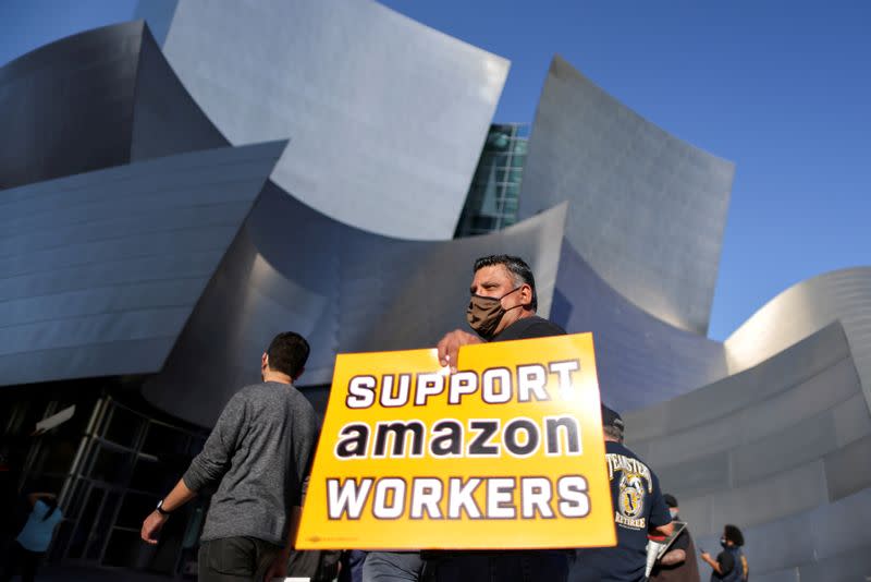 FILE PHOTO: Protest in support of the unionizing efforts of the Alabama Amazon workers, in Los Angeles