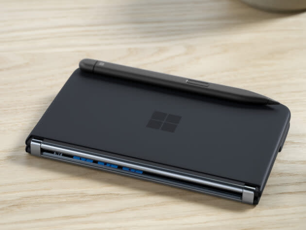 Notifications on the exterior hinge of the new Surface Duo 2. (Microsoft Photo)