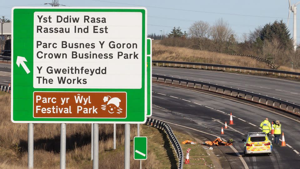A bilingual traffic sign on the A465 in Tredegar, Wales.  - Huw Fairclough/Getty Images/File