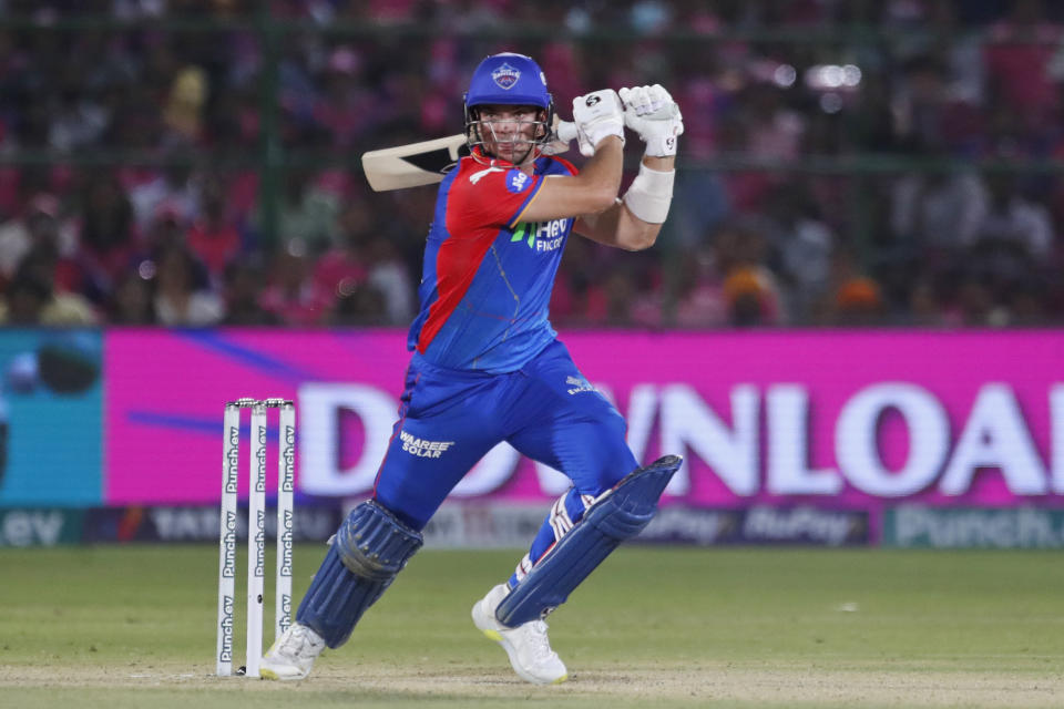 Delhi Capitals' Tristan Stubbs plays a shot during the Indian Premier League cricket match between Delhi Capitals and Rajasthan Royals in Jaipur, India, Thursday, March 28, 2024. (AP Photo/Pankaj Nangia)