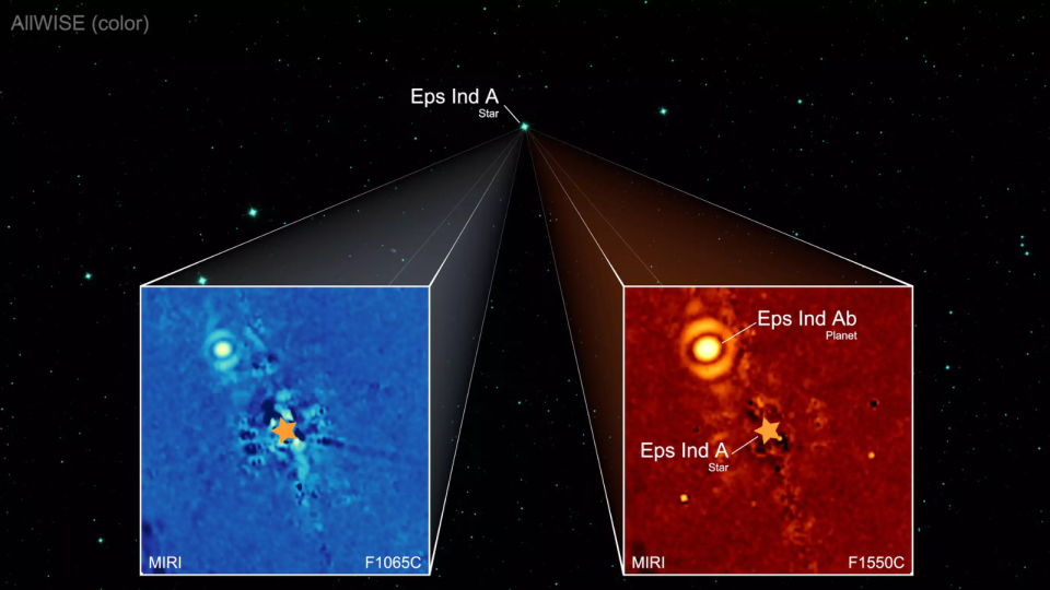 Sky patch with two box insets.  On the left, a blue MIRI image and, on the right, a red MIRI image.