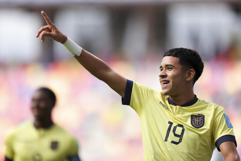 Ecuador's Kendry Paez celebrates scoring his side's opening goal against Fiji during a FIFA U-20 World Cup Group B soccer match at the Madre De Ciudades stadium in Santiago del Estero, Argentina, Friday, May 26, 2023. (AP Photo/Nicolas Aguilera)