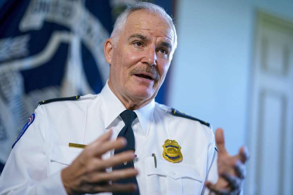 In this Monday, Sept. 27, 2021, photo U.S. Capitol Police Chief Tom Manger, who came to the job six months after the Jan. 6 insurrection and attack on the Capitol, answers questions during an interview with The Associated Press, at his office on Capitol Hill in Washington. (AP Photo/J. Scott Applewhite)