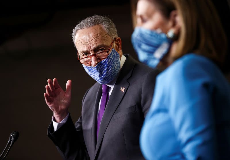 U.S. House Speaker Pelosi and Senate Democratic Leader Schumer speak to reporters during news conference on Capitol Hill in Washington