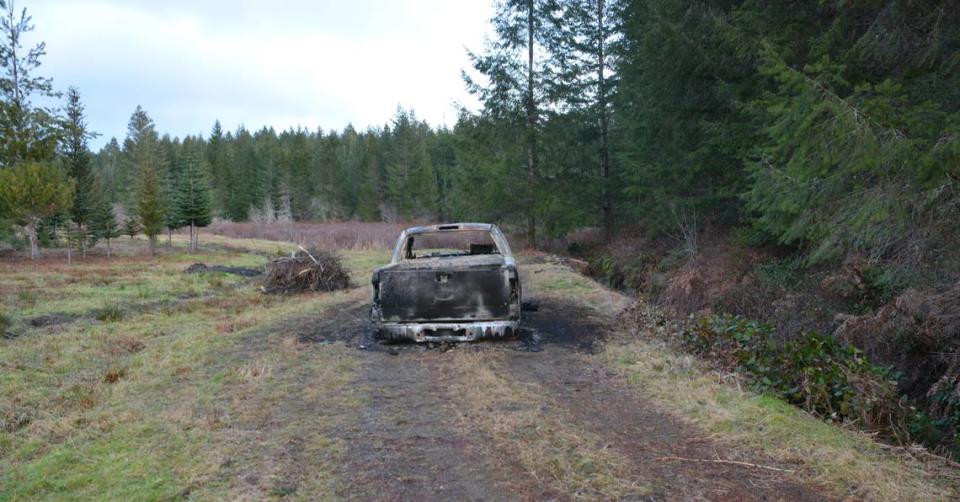 The burned-out pickup truck in which the body of Johnny Careaga was found on a Mason County tree farm. His wife and two teenage boys were also killed in their Seabeck home in January of 2017.