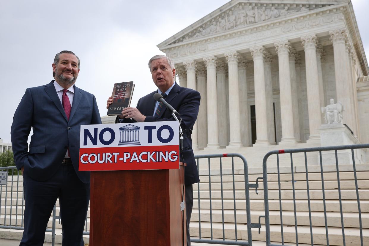 <p>Senators Graham and Cruz speak out against expanding Supreme Court during a news conference </p> (Getty Images)