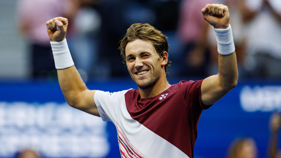 Casper Ruud pumps his fists after his US Open semi-final win.