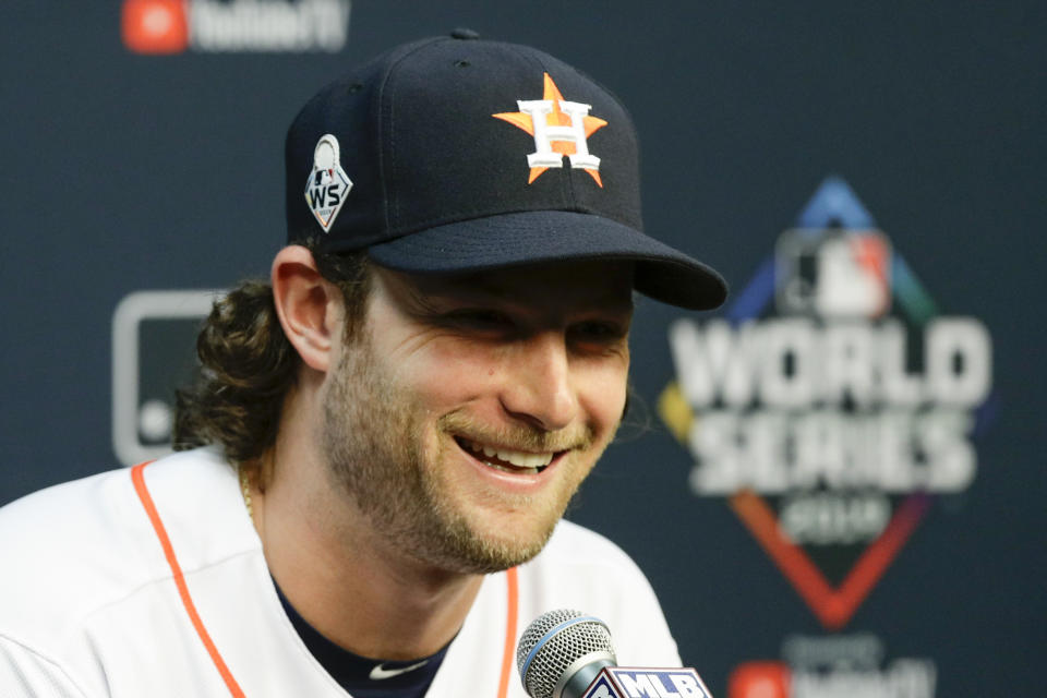 Houston Astros starting pitcher Gerrit Cole speaks during a news conference for baseball's World Series Monday, Oct. 21, 2019, in Houston. The Houston Astros face the Washington Nationals in Game 1 on Tuesday. (AP Photo/Eric Gay)