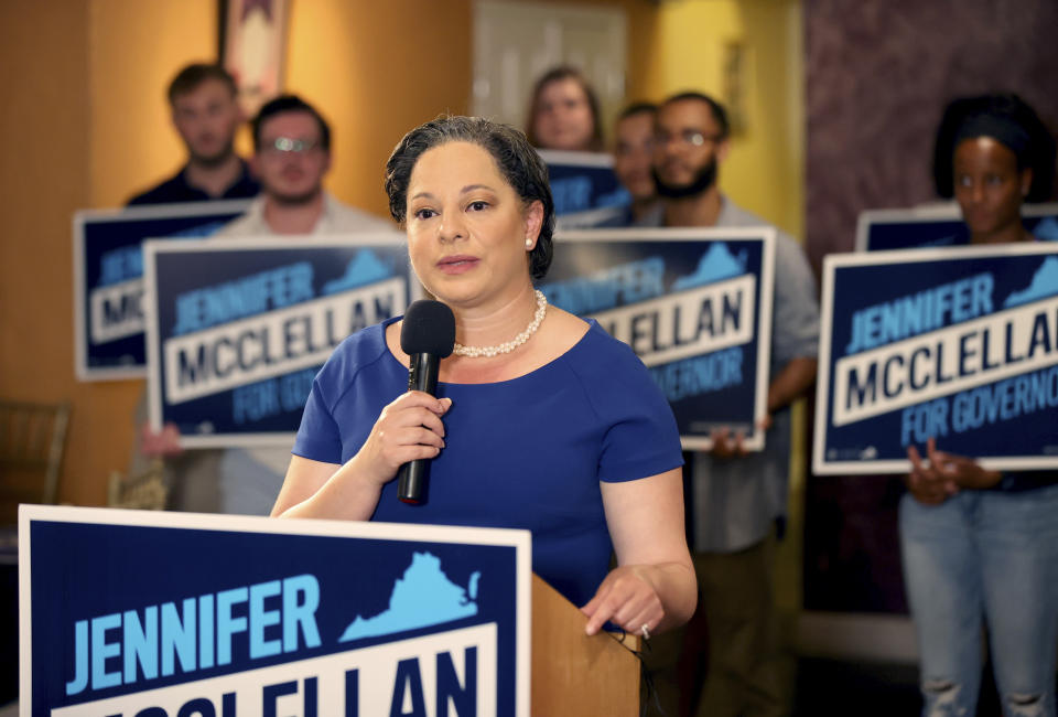 Jennifer McClellan, a candidate for Virginia Governor, speaks to supporters during Democratic Party primary election day in Richmond, Va., on Tuesday, June 8, 2021. (Daniel Sangjib Min/Richmond Times-Dispatch via AP)