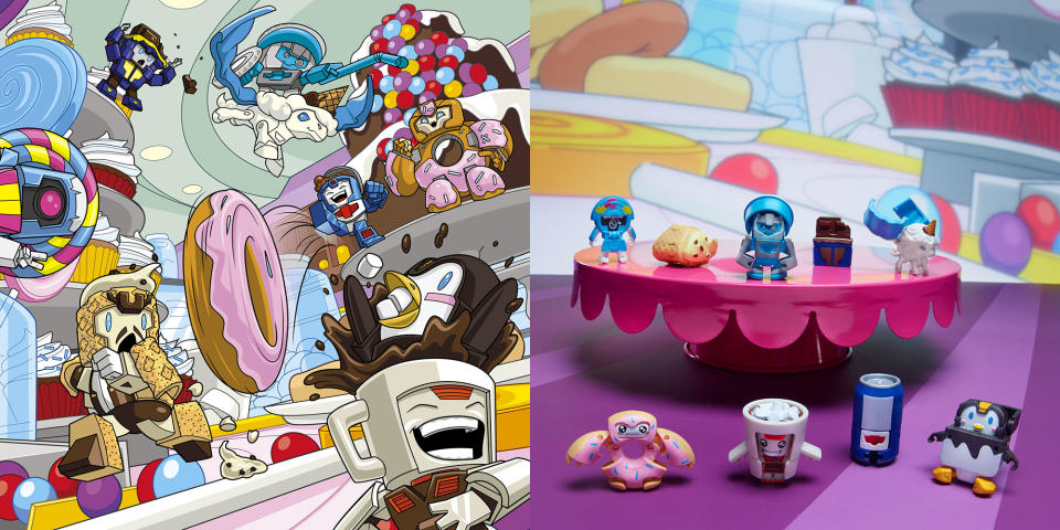 Series 1 5-Pack SUGAR SHOCKS characters are SIPPY SLURPS, THE PLOP FATHER, WADDLEPOP, LOLLY LICKS, REMORSEL, SPRINKLEBERRY D’UHNUT, UNILLA ICEQUEENCONE, COCOA CRAZY, and NRJEEZ! (Hasbro)