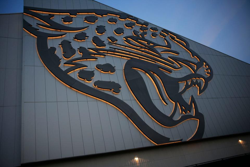 The new logo for the Jacksonville Jaguars hangs on the exterior of the indoor football field at the newly-opened Miller Electric Center practice facility at EverBank Stadium Wednesday, July 19, 2023 in Jacksonville. 