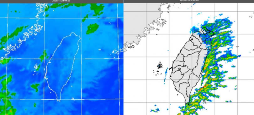 今（29日）晨4時紅外線色調強化雲圖（左）顯示，東北季風受地形舉升形成的層狀雲，覆蓋北台灣；4時雷達回波合成圖（右）顯示，北台灣陸地上的滯留性回波，大部分強度偏弱。（圖／翻攝自「三立準氣象· 老大洩天機」專欄）