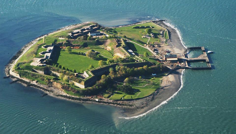 An aerial view of Georges Island and Fort Warren in Boston Harbor.