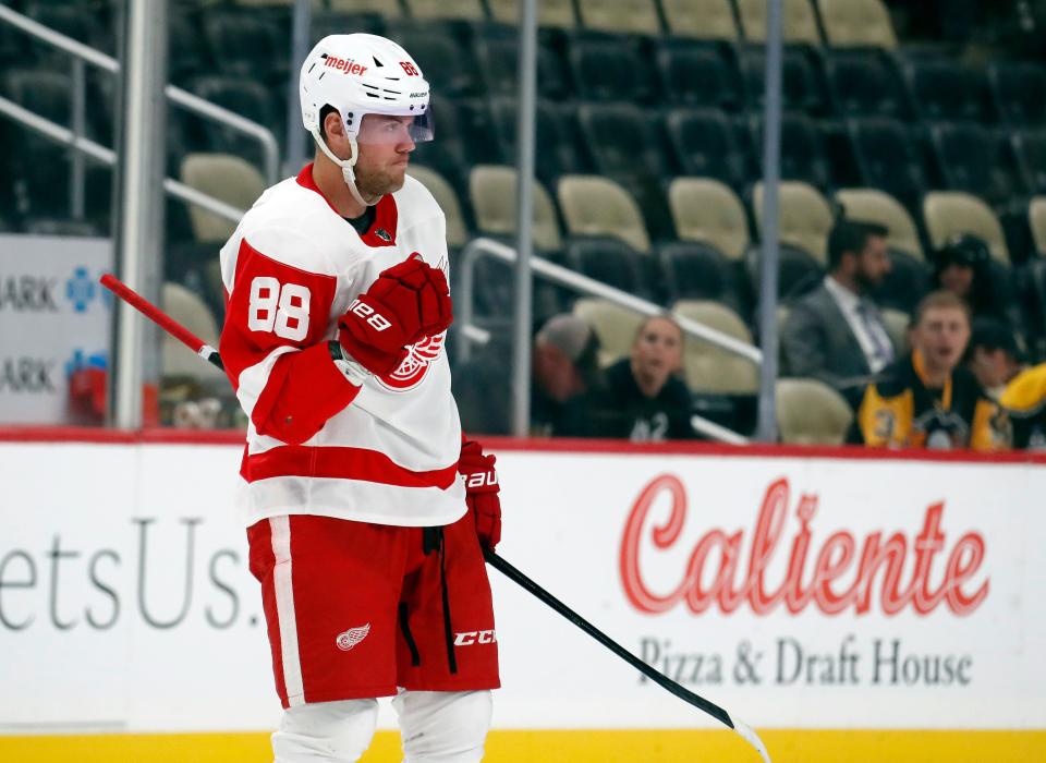 Detroit Red Wings center Daniel Sprong (88) reacts after scoring a goal against the Pittsburgh Penguins during the second period at PPG Paints Arena in Pittsburgh, on Wednesday, Oct. 4, 2023.