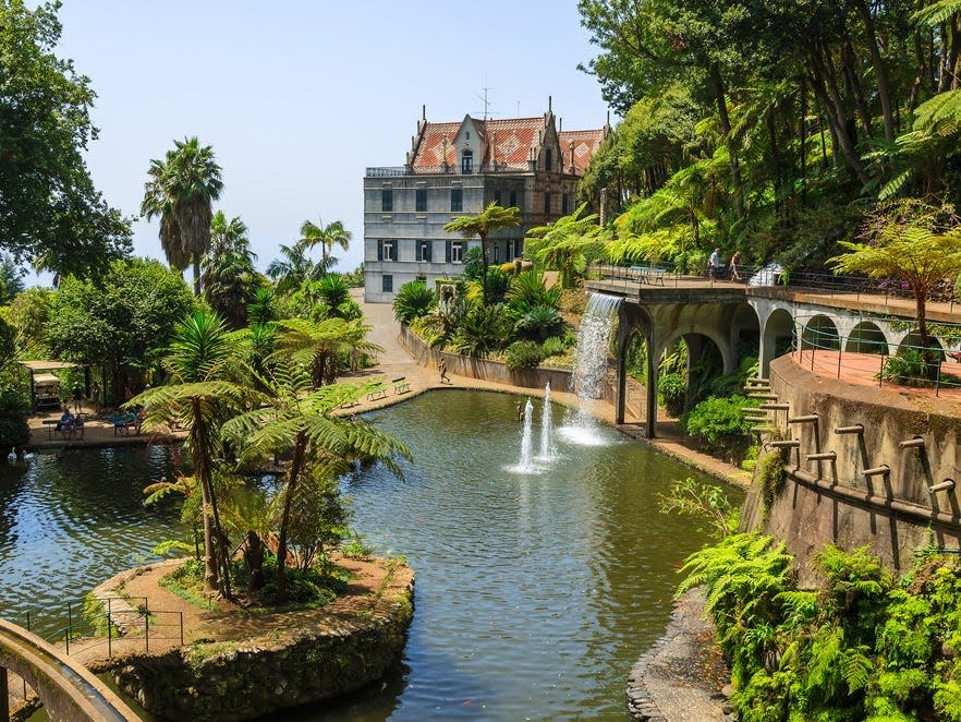 Monte Tropical Gardens with view of palace on lake, Funchal, Madeira island, Portugal