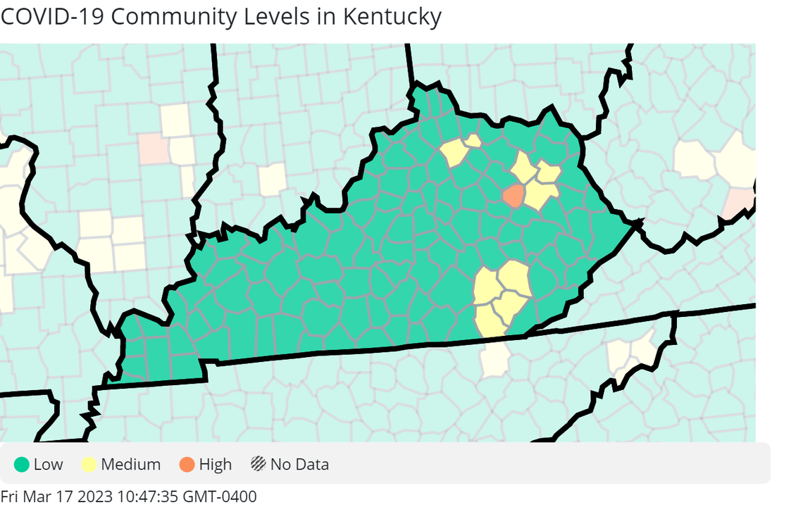 The latest COVID-19 community levels in Kentucky from the U.S. Centers for Disease Control and Prevention, up to date as of March 17, 2023. The green counties are at low, the yellow at medium and the orange at high.