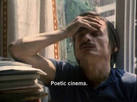 A character looking pained while saying "Poetic cinema"