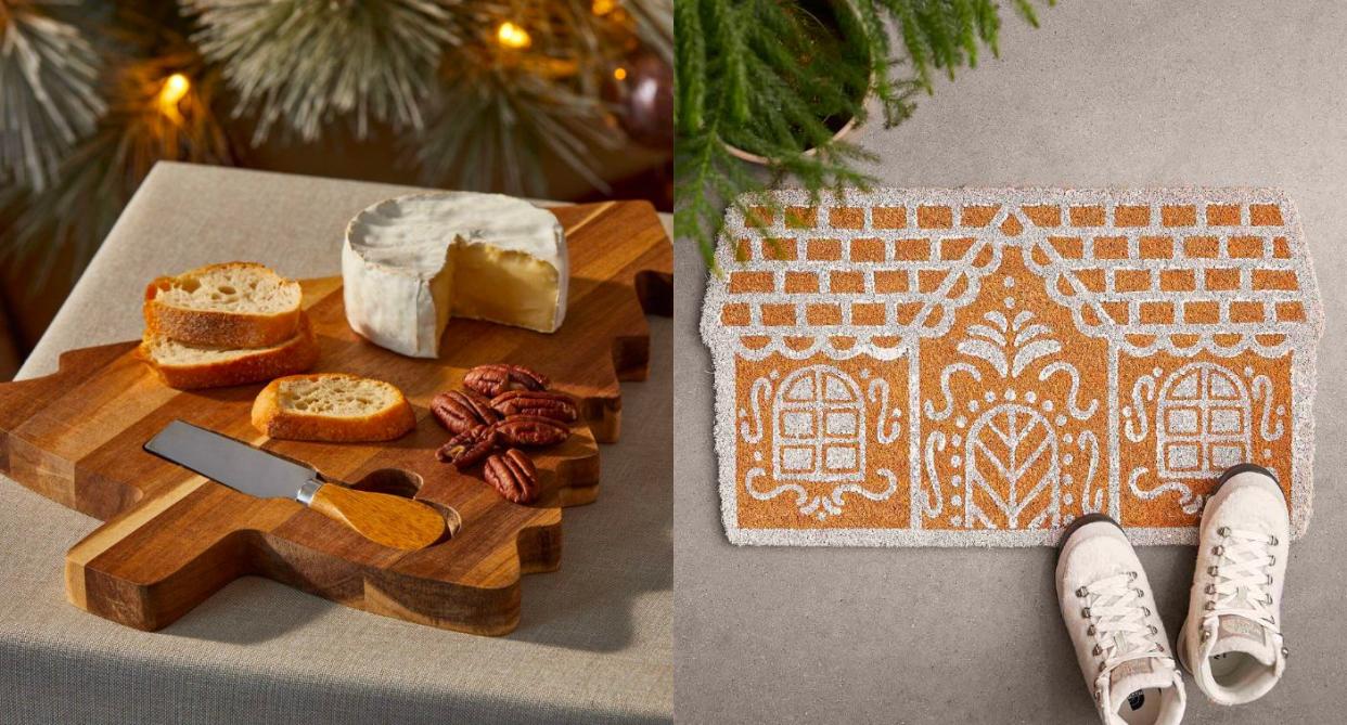 Christmas decor christmas tree charcuterie board, a gingerbread house mat