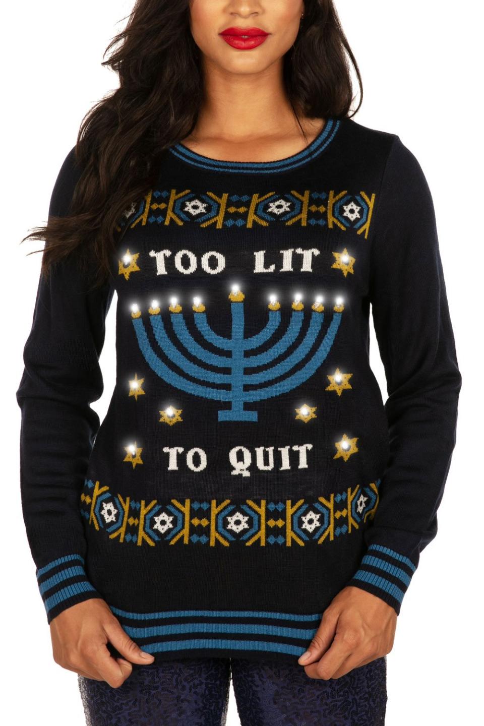 Women's Too Lit to Quit Light Up Ugly Hanukkah Sweater. Image via Amazon.