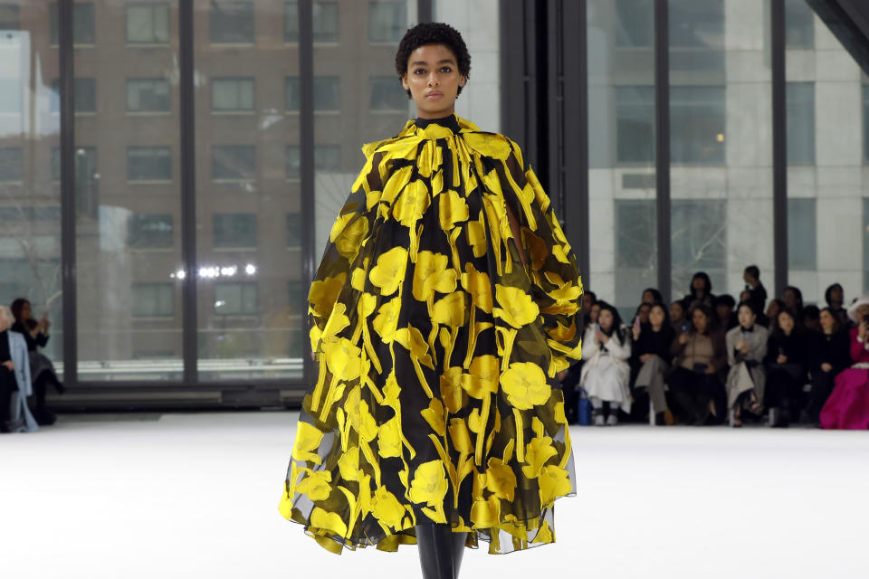 The Carolina Herrera collection is modeled during Fashion Week in New York, Monday, Feb. 10, 2020. (AP Photo/Richard Drew)