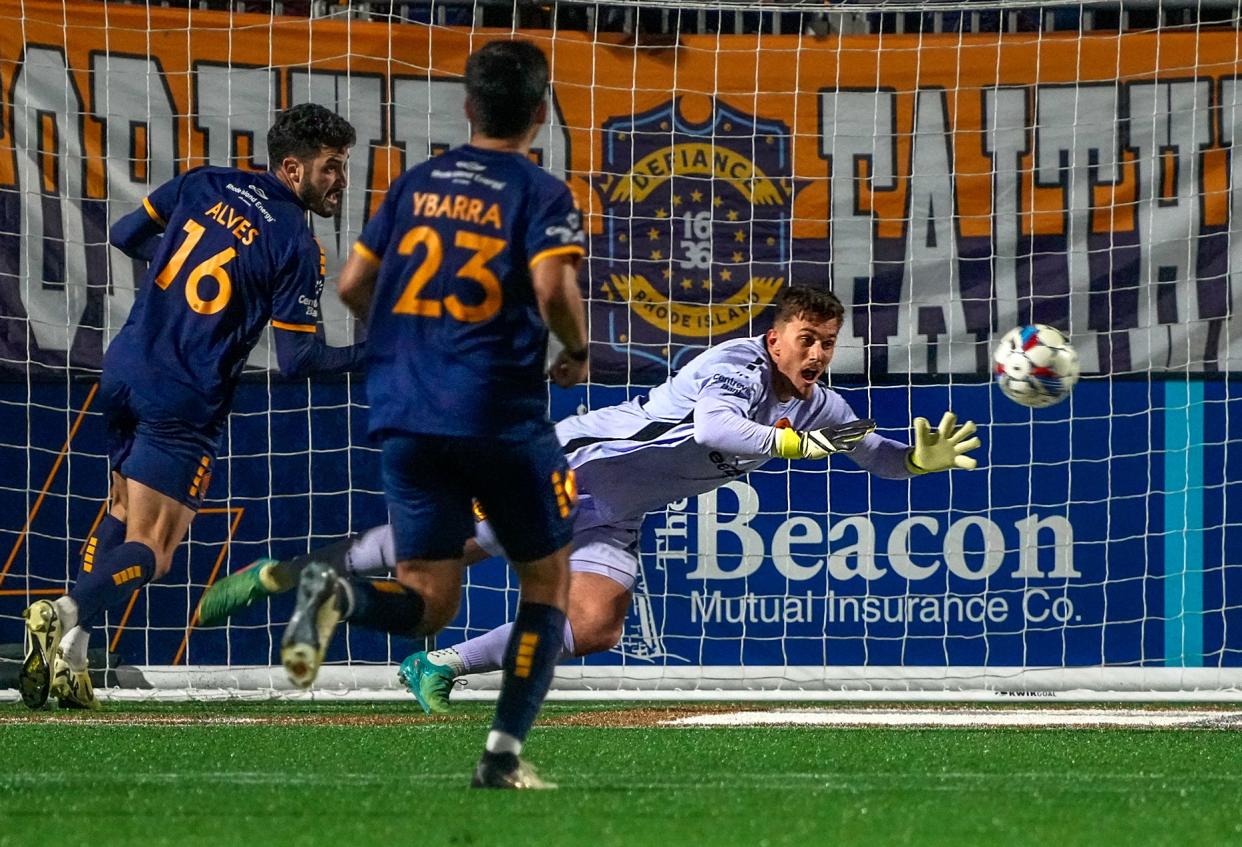 RIFC goaltender Jackson Lee makes a stop during the second half against Pittsburgh on Saturday night.