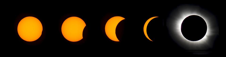 stages of a solar eclipse show the moon slowly passing in front of the sun to totally cover it in shadow