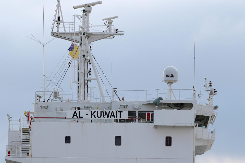 A general view of the Al Kuwait, a live export ship docked in Fremantle harbour where six crew members have tested positive for COVID-19