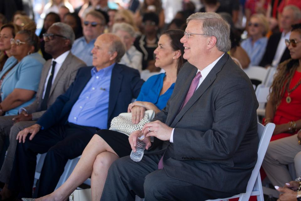 Mayor Jim Strickland smiles while listening to a speaker during the groundbreaking ceremony for the Memphis Brooks Museum of Art downtown location in Downtown Memphis, on Thursday, June 1, 2023.