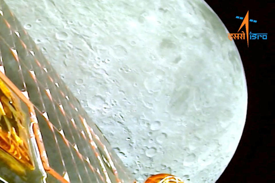 A view of the moon as viewed by the Chandrayaan-3 lander during Lunar Orbit Insertion on August 5, 2023 in this screengrab from a video released August 6, 2023. (ISRO via Reuters file)