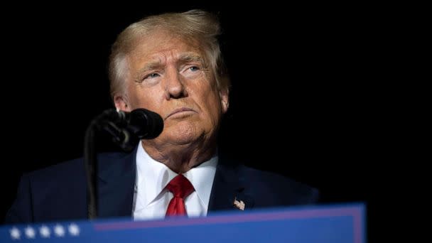 PHOTO: Former President Donald Trump pauses while speaking at a rally at the Minden Tahoe Airport in Minden, Nev., on Oct. 8, 2022. (José Luis Villegas/AP, FILE)