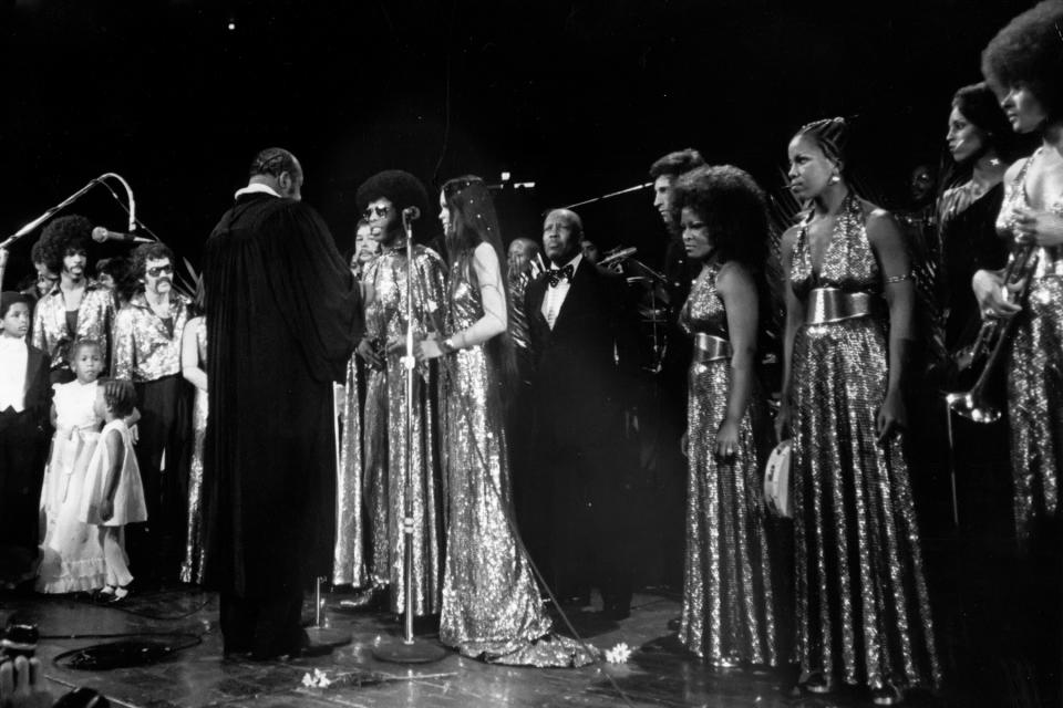 NEW YORK - JUNE 5, 1974: Sly Stone of Sly and the Family Stone and Kathy Silva wedding on June 5, 1974. (Photo by PL Gould/Images/Getty Images)