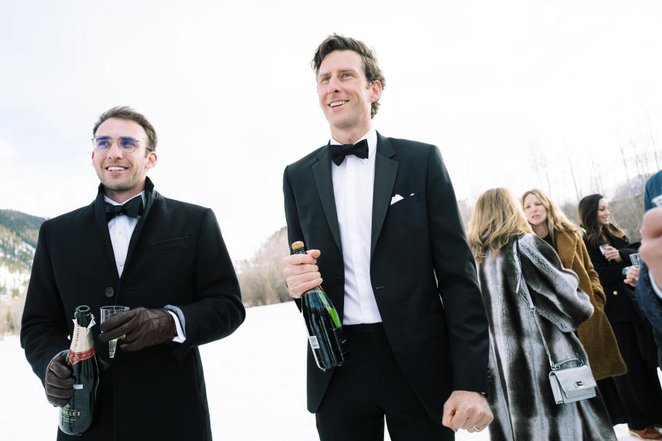 Peter with our good friend Luke Whiteman enjoying some much-deserved champagne after the ceremony. Our friends Newton Breiter and Matthew Elliott came through and brought some last-minute cases of champagne and plastic flutes to the meadow to ensure the celebration started immediately.