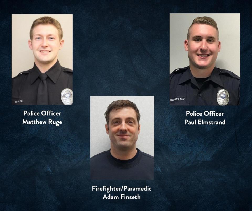 PHOTO: Undated pictures of police officer Matthew Ruge, police officer Paul Elmstrand and firefighter and paramedic Adam Finseth, killed while responding to an emergency call in Burnsville, Minn., Feb. 18, 2024.  (Minnesota Department Of Public Safety via Reuters)