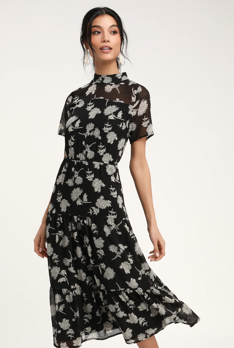 Floral Dressed Up Black Floral Print Midi Dress (Photo via Lulus)