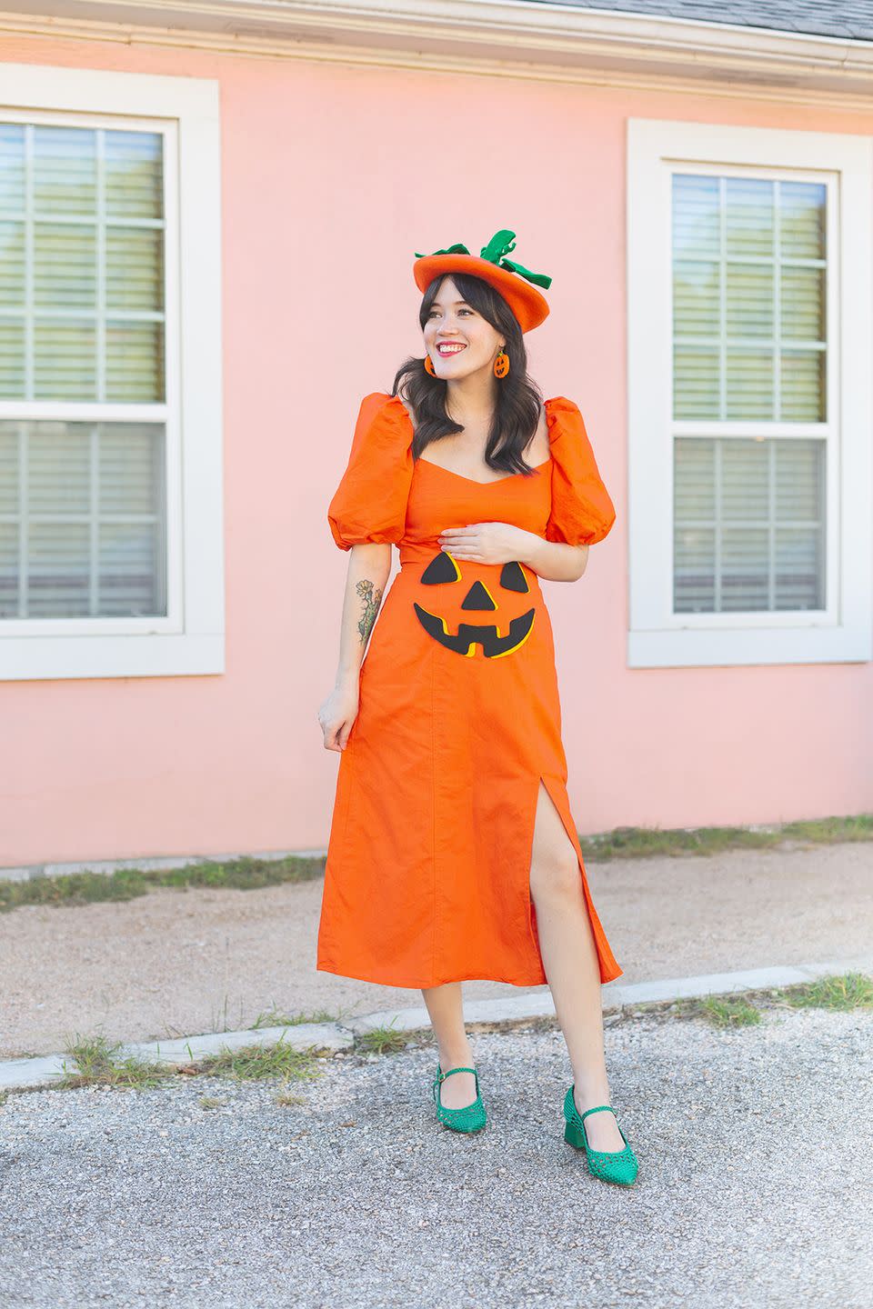 <p>A pregnant belly is basically asking to be dressed up as a jack o'lantern. Throw on an orange dress, add a felt face and wear a green beret to look like a stem.</p><p><a href="http://www.awwsam.com/2020/10/jack-o-lantern-costume.html" rel="nofollow noopener" target="_blank" data-ylk="slk:Get the tutorial at Aww Sam »;elm:context_link;itc:0;sec:content-canvas" class="link "><em>Get the tutorial at Aww Sam » </em></a></p>