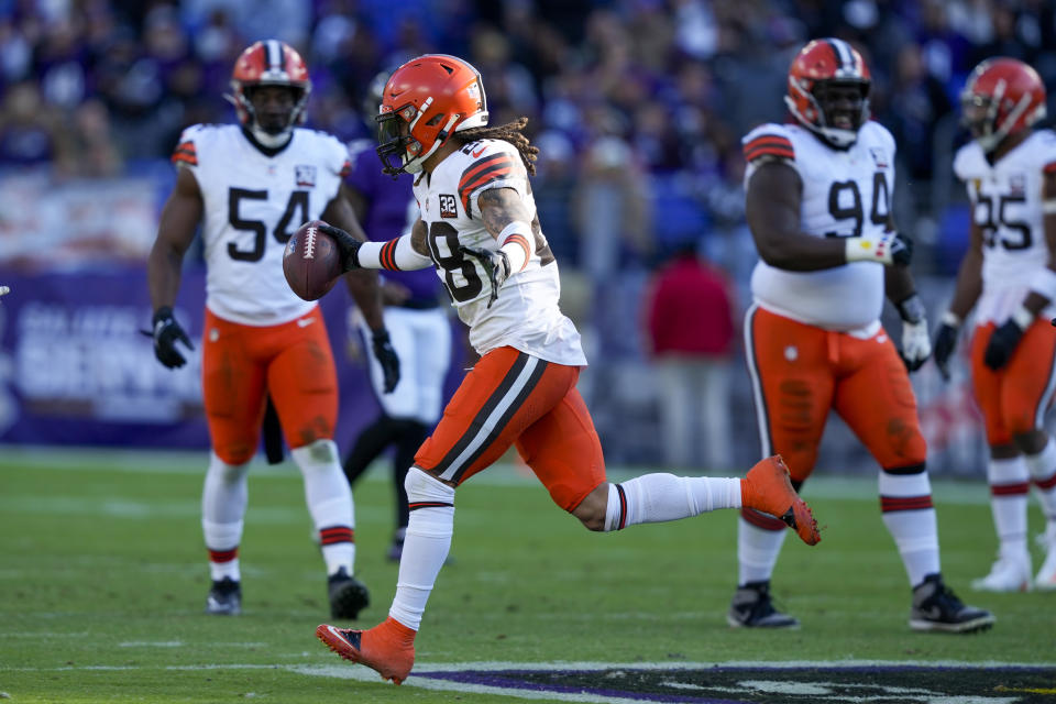 Cleveland Browns cornerback Mike Ford celebrates after an interception against the Baltimore Ravens during the first half on an NFL football game Sunday, Nov. 12, 2023, in Baltimore. (AP Photo/Susan Walsh)