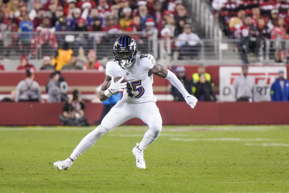 SANTA CLARA, CALIFORNIA – DECEMBER 25: Nelson Agholor #15 of the Baltimore Ravens runs after a catch during the fourth quarter against the San Francisco 49ers at Levi’s Stadium on December 25, 2023 in Santa Clara, California. (Photo by Loren Elliott/Getty Images)