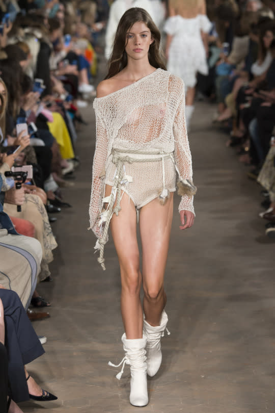 A model in the Philosophy di Lorenzo Serafini Spring 2017 runway show in Milan. 