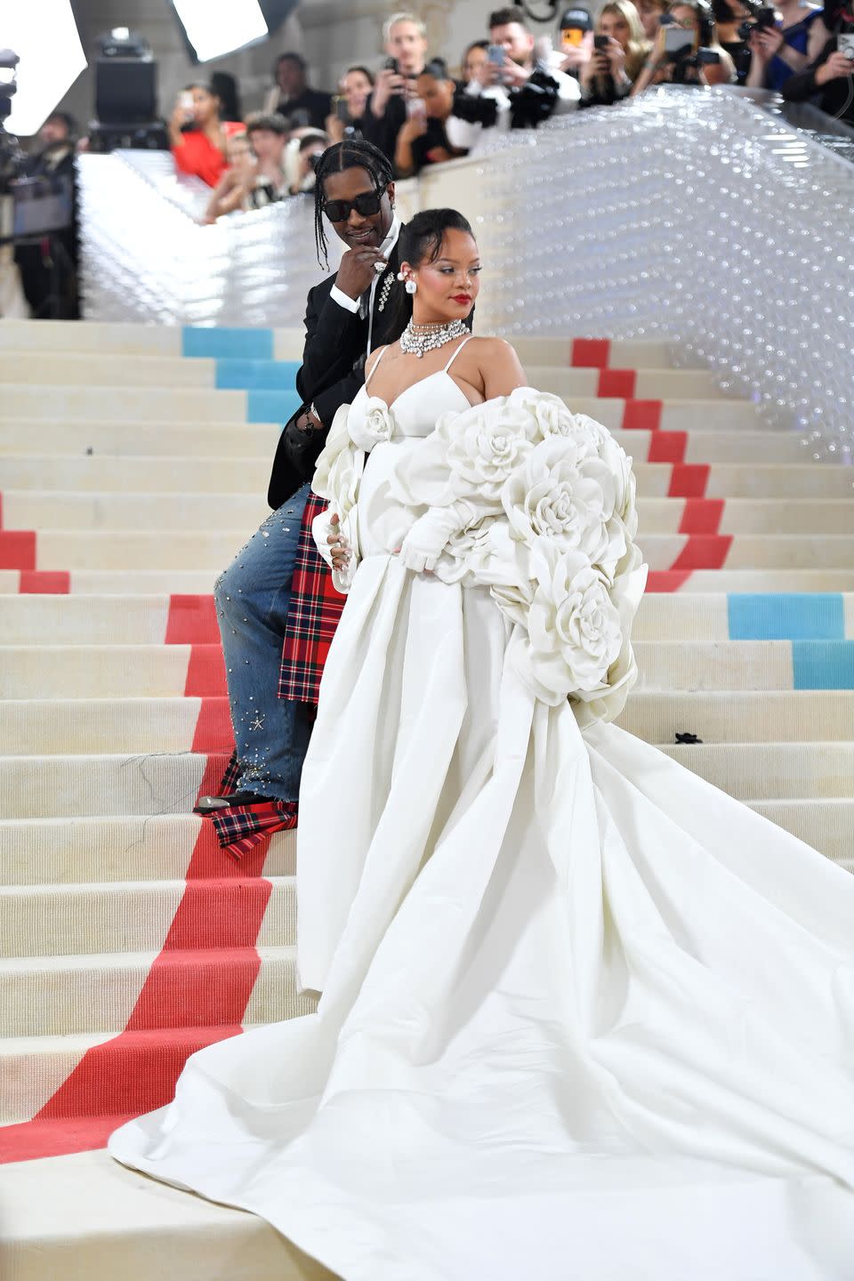 new york, new york may 01 a$ap rocky l and rihanna attend the 2023 met gala celebrating karl lagerfeld a line of beauty at the metropolitan museum of art on may 01, 2023 in new york city photo by noam galaigathe hollywood reporter via getty images