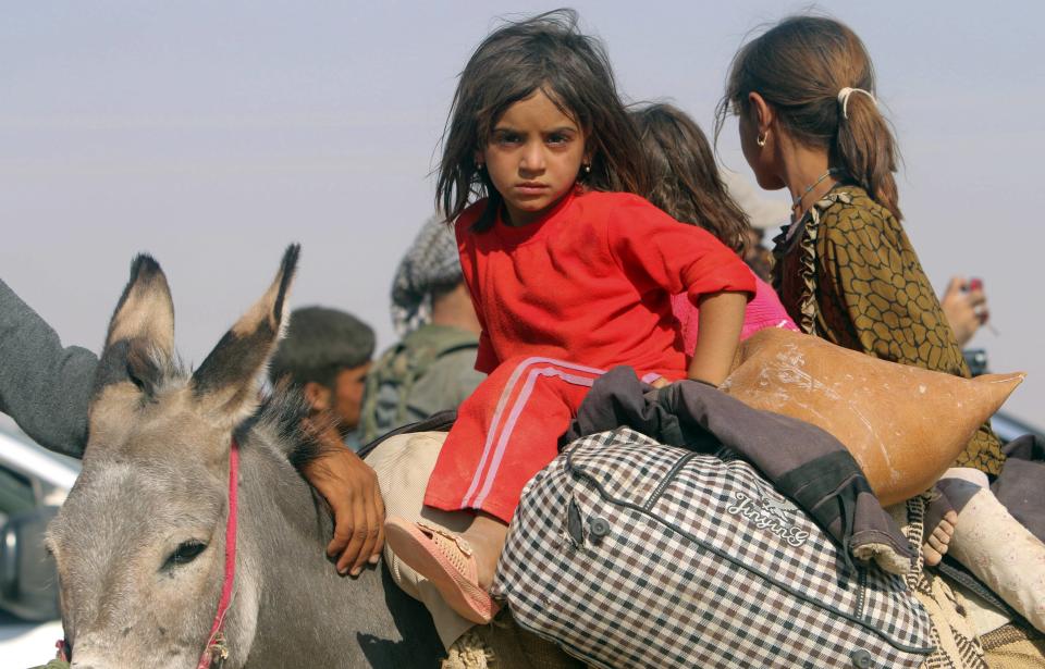Displaced children from the minority Yazidi sect, fleeing violence from forces loyal to the Islamic State in Sinjar town, ride on a donkey as they head towards the Syrian border, on the outskirts of Sinjar mountain, near the Syrian border town of Elierbeh