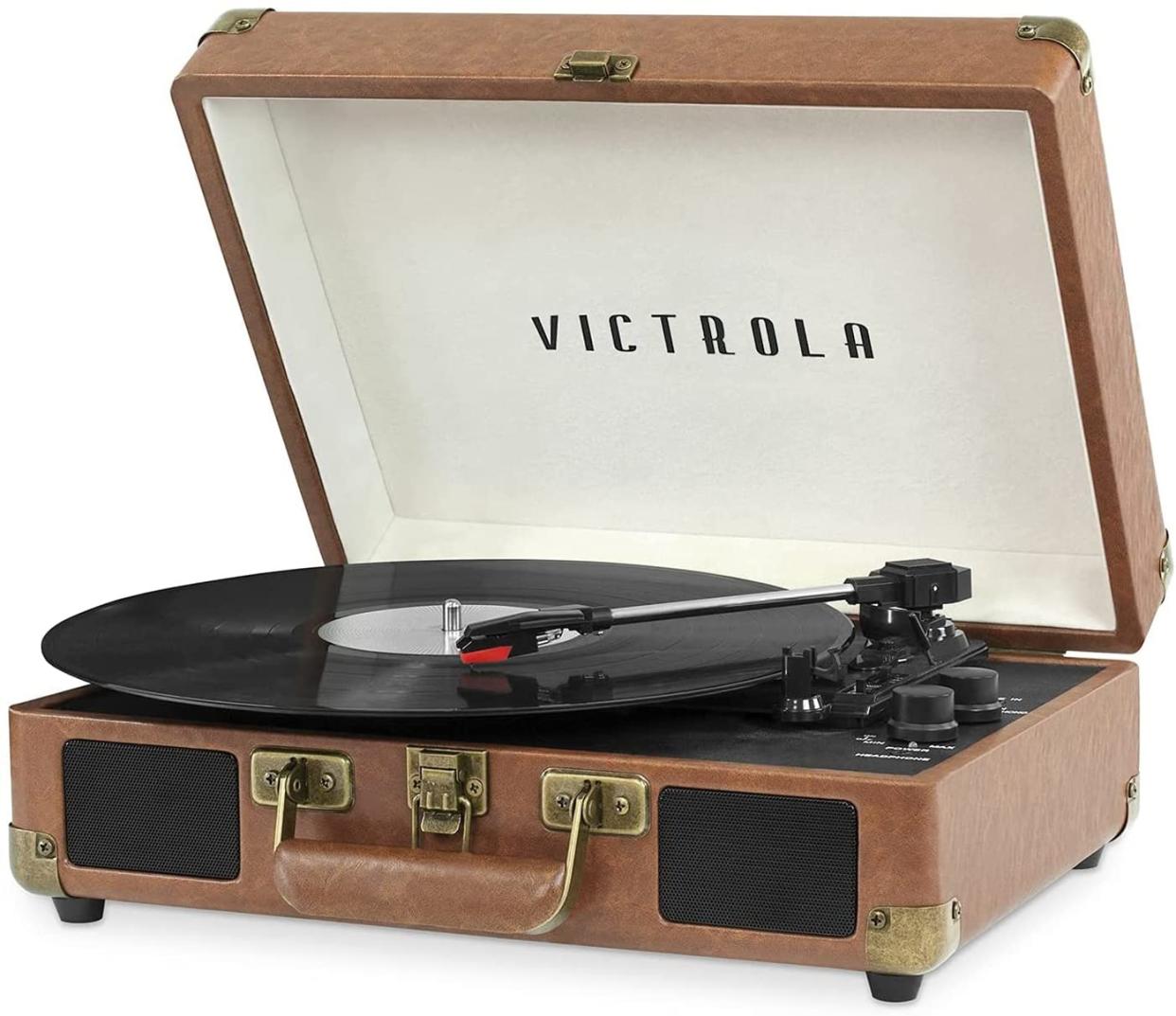 Victrola Vintage 3-Speed Bluetooth Portable Suitcase Record Player, gifts for mom