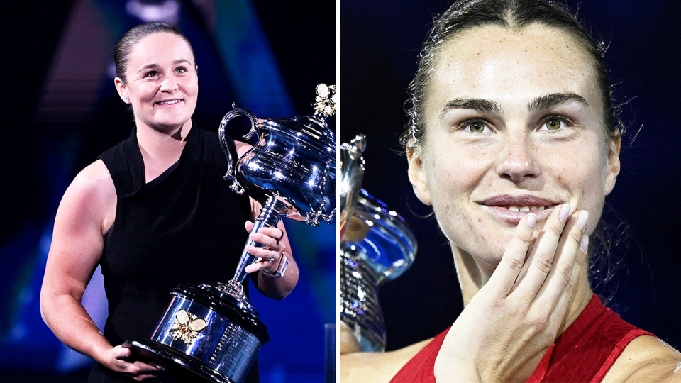 Ash Barty smiles with the trophy and Aryna Sabalenka smiles.