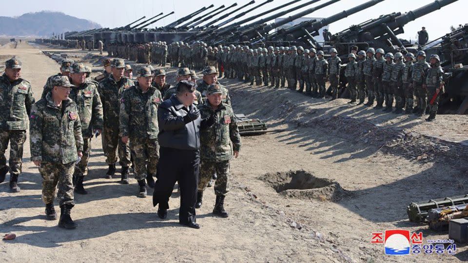 Kim Jong Un inspects artillery units of the Korean People's Army (KPA) during exercises on March 7. - KCNA